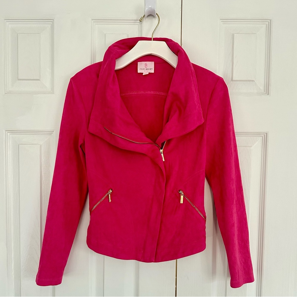 Julie Brown NYC Faux Suede Moto Jacket Asymmetrical Zip Front Barbie Pink